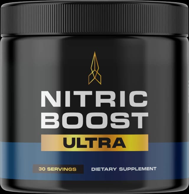 Nitric Boost Ultra supplement container with dynamic yellow powder effect